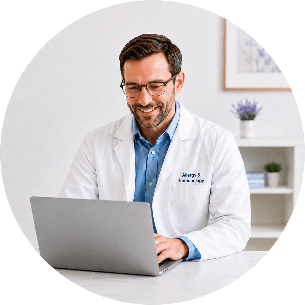 Allergy doctor working on a laptop